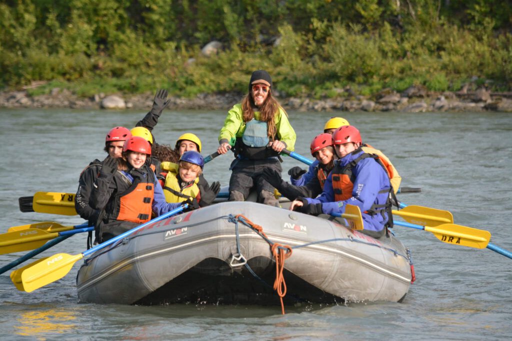 Raft approaches the shore of the Nenana River.